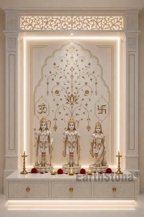 Luxury Vietnam white marble mandir design with elegant inlay work and carved pillars by EarthStona